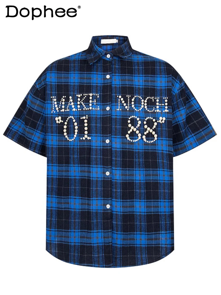 

Trendy Pearl Letter Hot Diamond Short-sleeve Shirts Men's 2025 Summer New Loose Plaid Shirt Male Handsome Single Breasted Tops