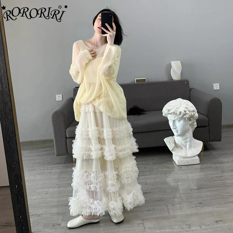 

RORORIRI Fairy Sexy Women Long Skirt Mesh Tiered Ruffle Flare Sweet Resort Party Overskirt Korean Style Sweet Elastic Clothing