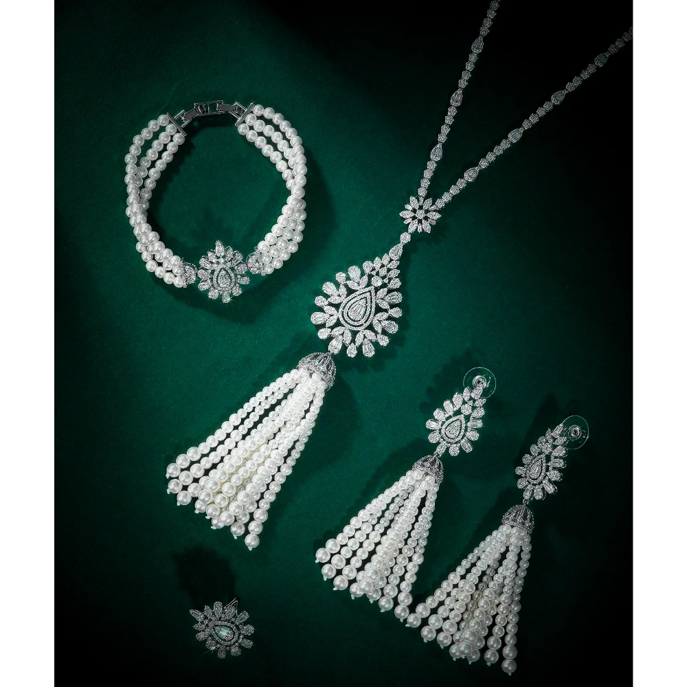 IN JEWELIFE Pearls Tassel Long Flower Evening Necklace Woman Crystals Set Cubic Zirconia Jewelry Sets for Women Wedding Dresses