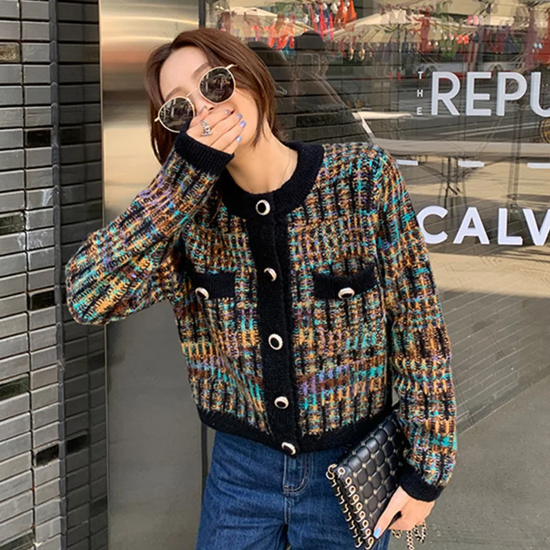 

Chic Mix Color Cardigan for Women Single Breasted Knitted Cardigan Woman 2025 Spring Autumn Crew Neck Baize Coats Female