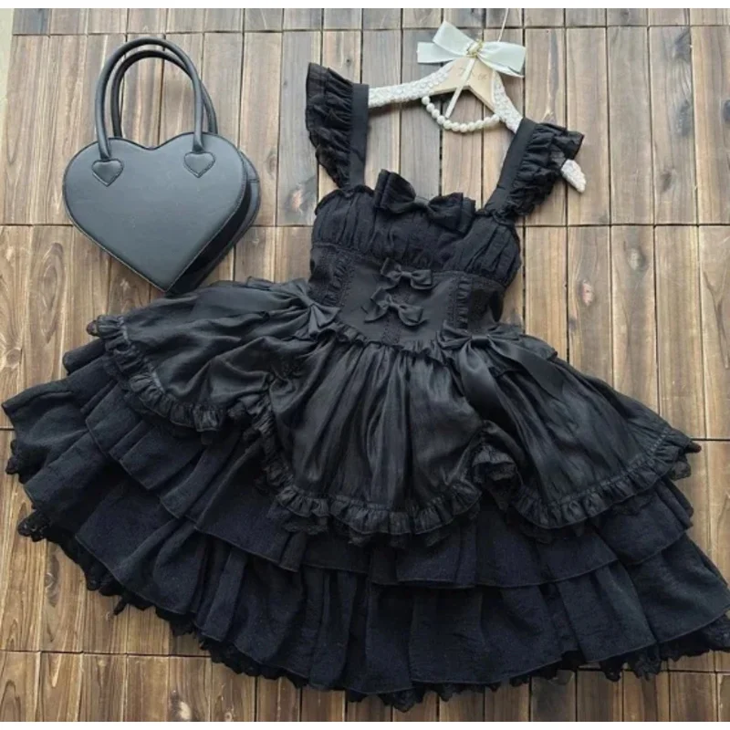 Cyoriginal design novo verão lolita vestido feminino doce flor casamento laço bowknot jsk sling vestido preto e branco princesa 202