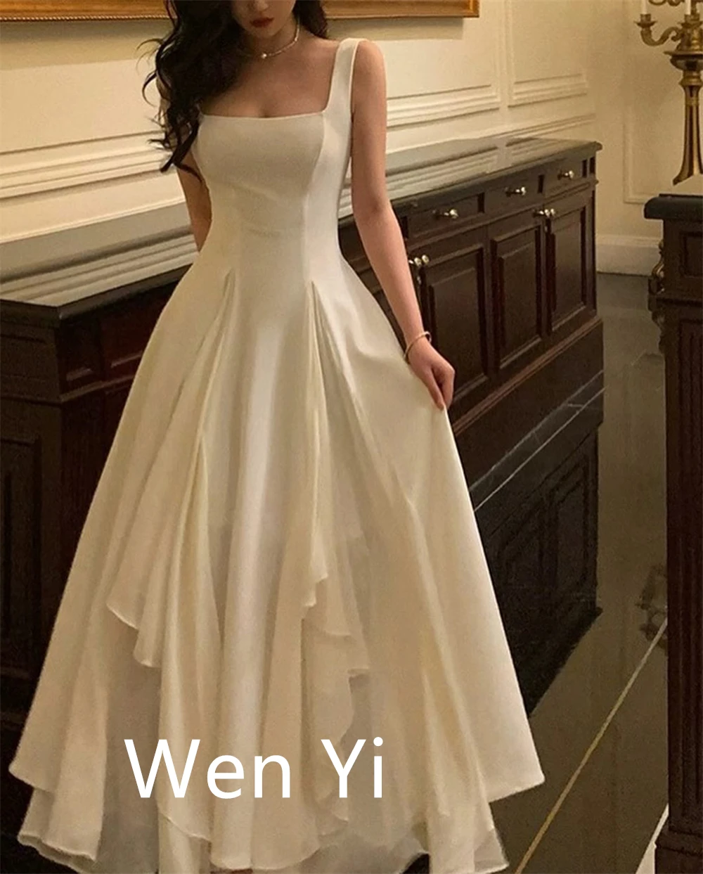 カスタマイズされた絶妙なアイボリーシフォンイブニングドレスクラシックスクエアカラーキャップスリーブノースリーブジッパーバックオーダーメイドOccas