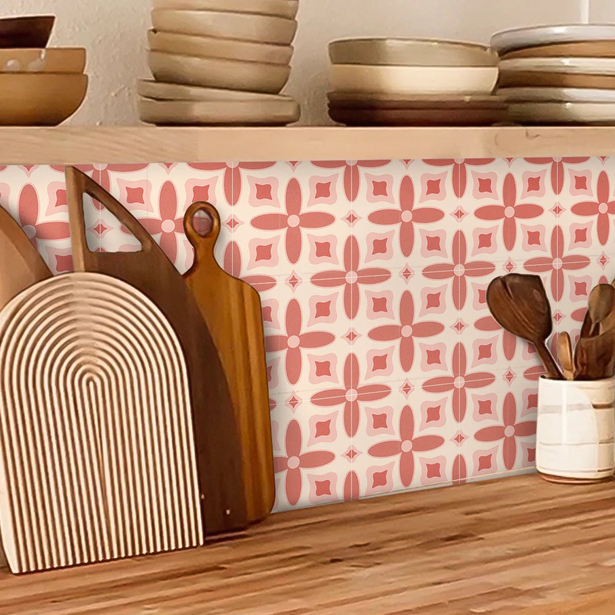 10 Pcs Pink Retro Tiles Kitchen Oil-poof & Waterproof Sticker Cupboard Bathroom Home Renovation Peel & Stick Wallpaper