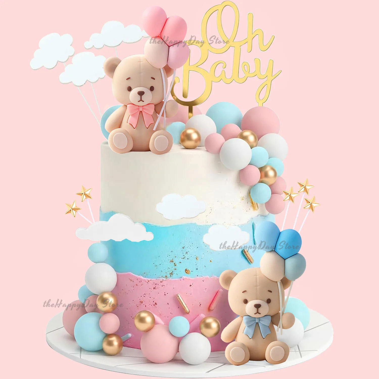 1 SET Gender-Reveal-Kuchen-Dekorationen Boho Bären-Bälle Kuchenaufsätze Oh Baby Jungen Mädchen Babyparty Bären-Geburtstagstorten-Deko – Detail 38