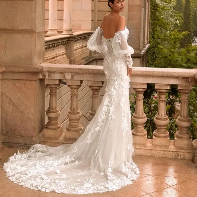 الدانتيل الأبيض العاجي يزين الدانتيل فساتين الزفاف من خارج الكتف ذيل السمكة ملصق قطار للانفصال زي العرائس صنع حسب الطلب #3