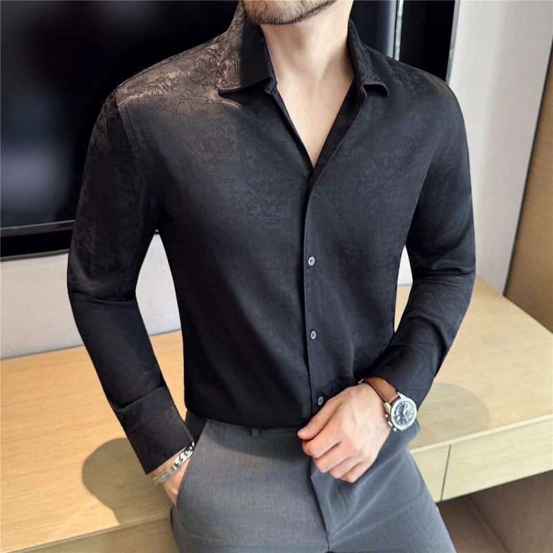 

Высококачественные жаккардовые мужские рубашки с v-образным вырезом, осенне-весенняя шелковая рубашка на пуговицах с длинными рукавами, мужская элегантная вечерняя облегающая мужская одежда