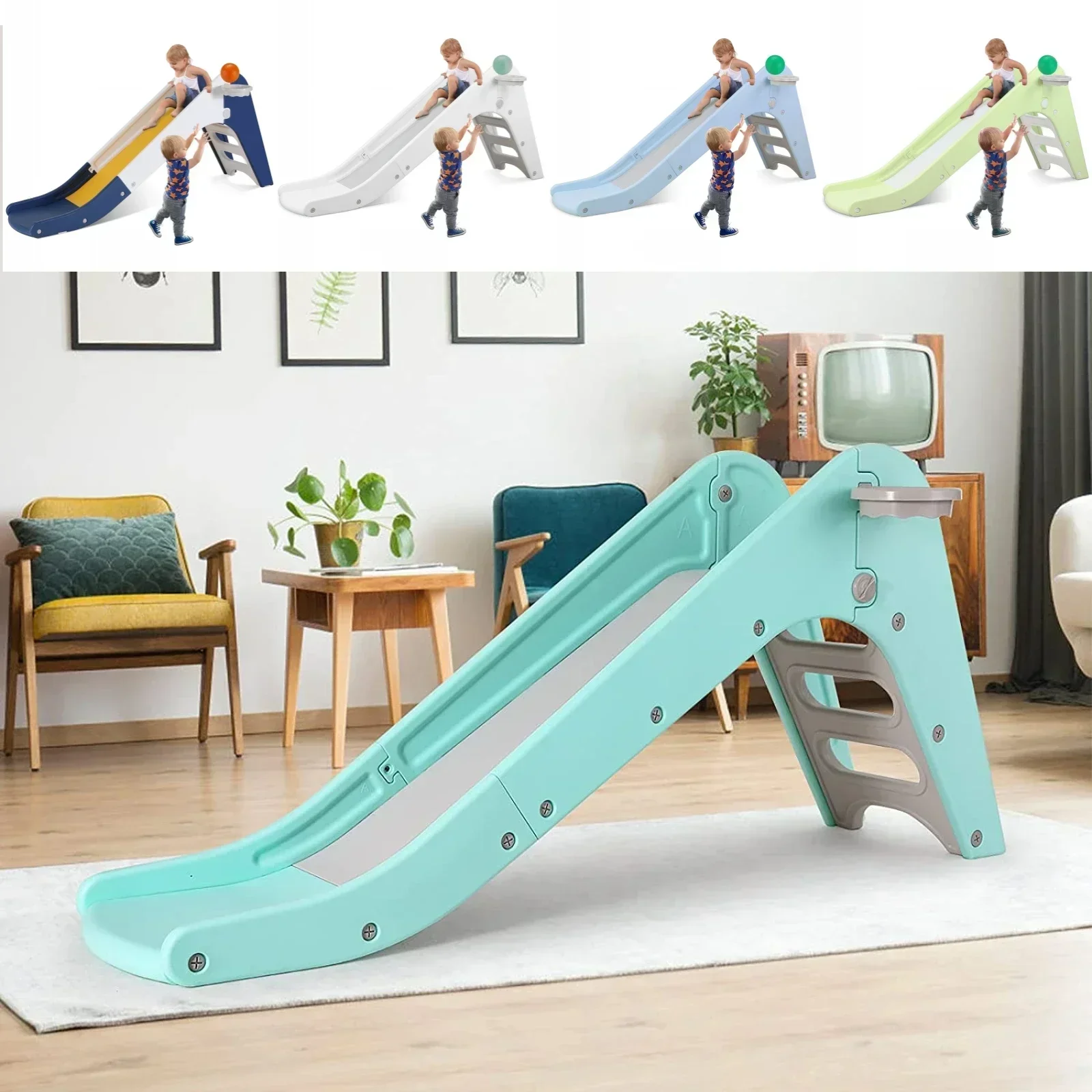 Slide In/Outdoor Children's Slide and Basketball Hoop Climber Playset for Kids Playgroun Freestanding Slide or Climbing Playset