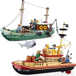 City Fishing Boat Vessel Trawlboat Model Building Blocks Set Pirate Ship Sea Fisher White Shark Figures MOC Toys With Stickers