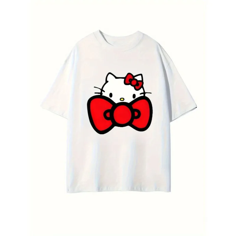 

Fashion Hello Kitty Bow Printed Women's Tshirt Comfortable Round Neck Four Seasons Casual Fashion Top Summer Pure Cotton T-shirt