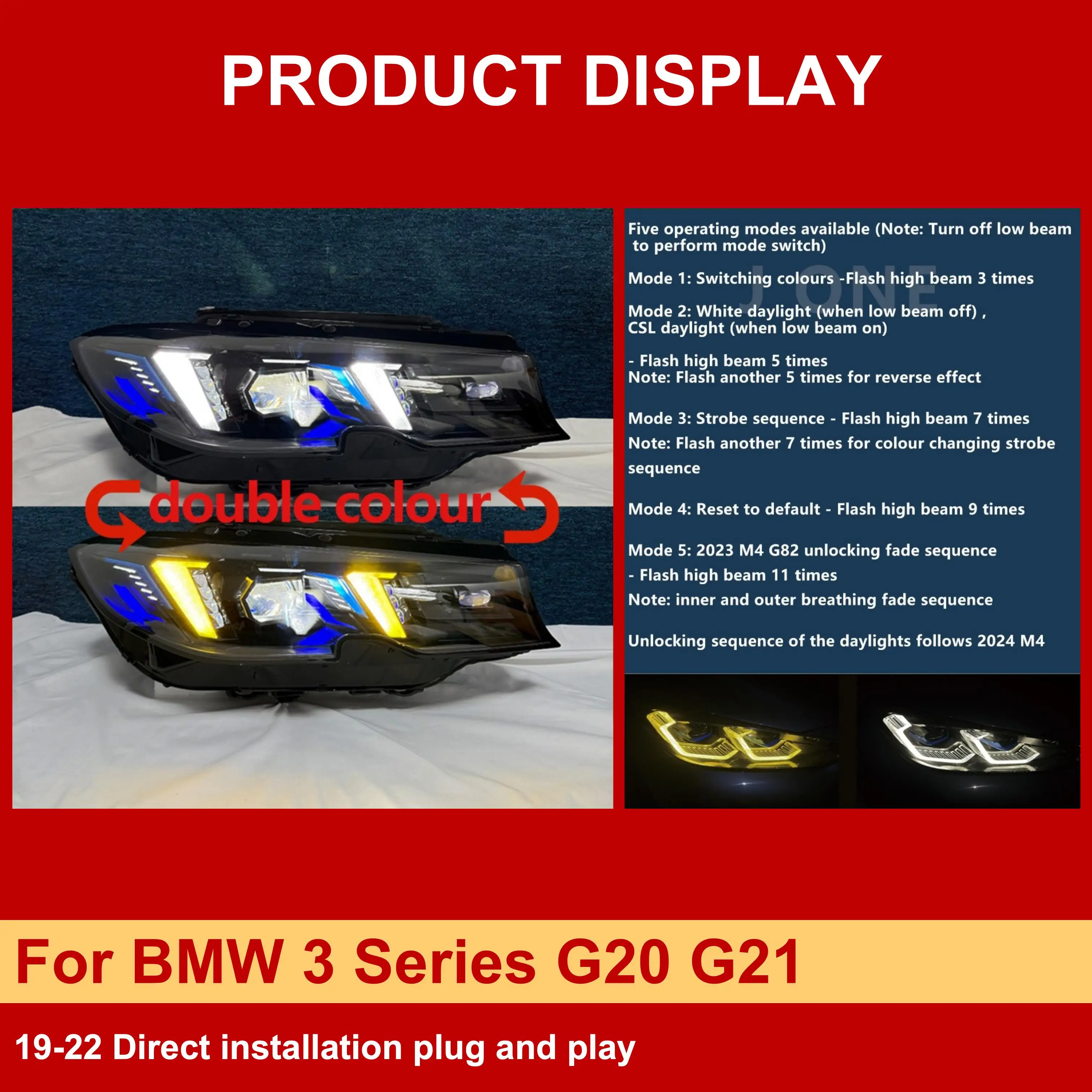 J ONE New Car Modification Accessories Yellow White Switch Via Highbeam Headlight for 3 Series G20 G21 2019-2022Headlamps