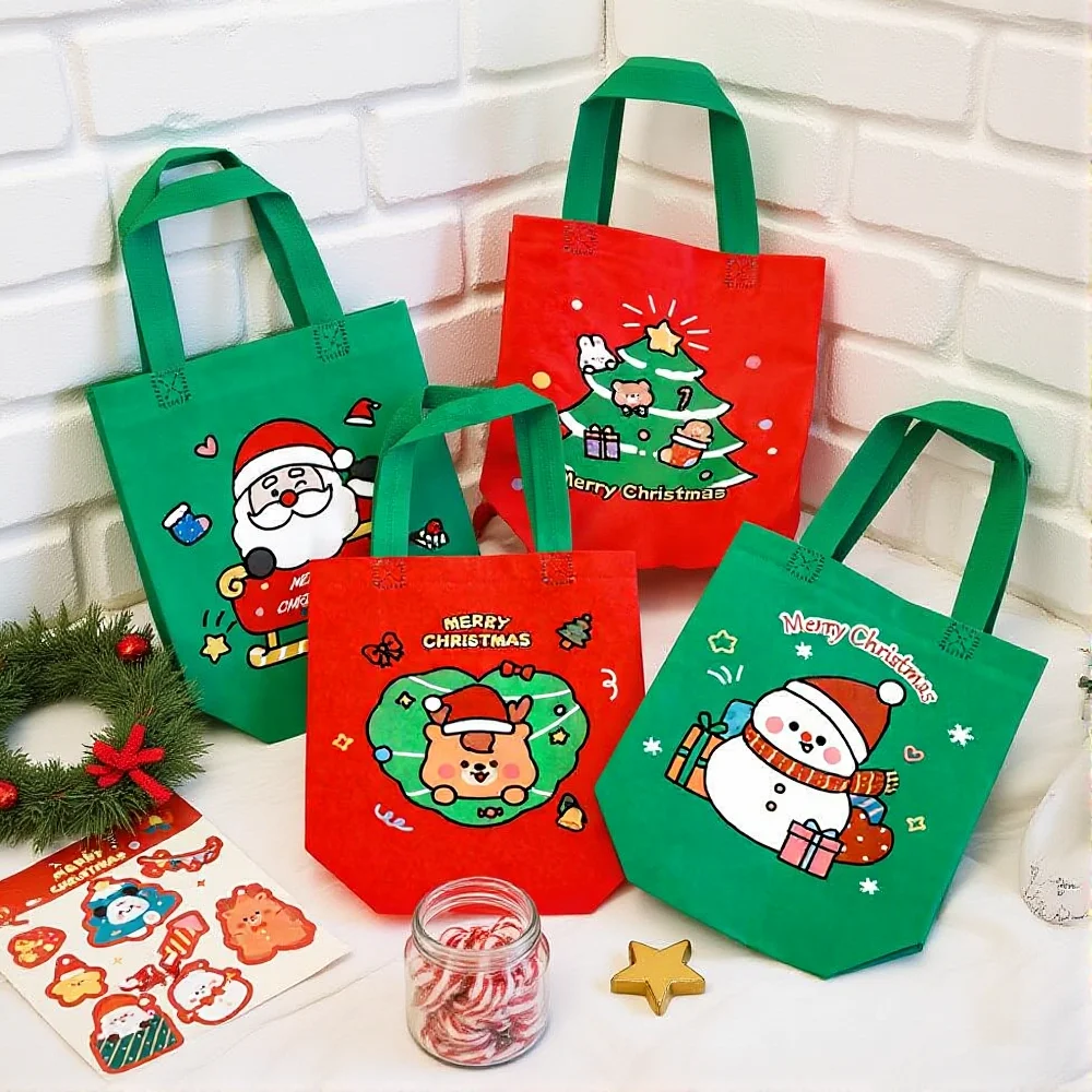 Snowman Santa Claus Printed Tote Handle Bag Non Woven Christmas Gift Bag Foldable Reusable Gift Storage Bag Party Supplies