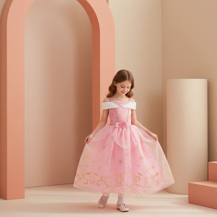 Vestido de Princesa Rosa con Forro Suave y Costuras Resistentes, Elegante Vestido Formal para Niñas, Eventos de Damas de Honor y Fiestas de Disfraces