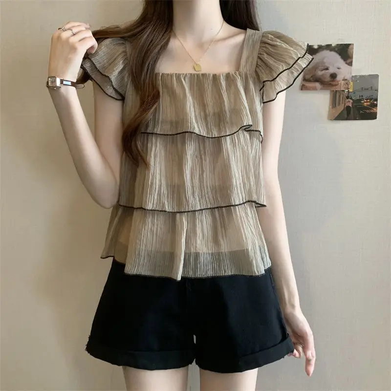 Women Trendy Ruffle Sweet Chic Blouse Summer Square Collar Short Sleeve Shirts Korean Style Casual Street Tops Y2K Ropa De Mujer