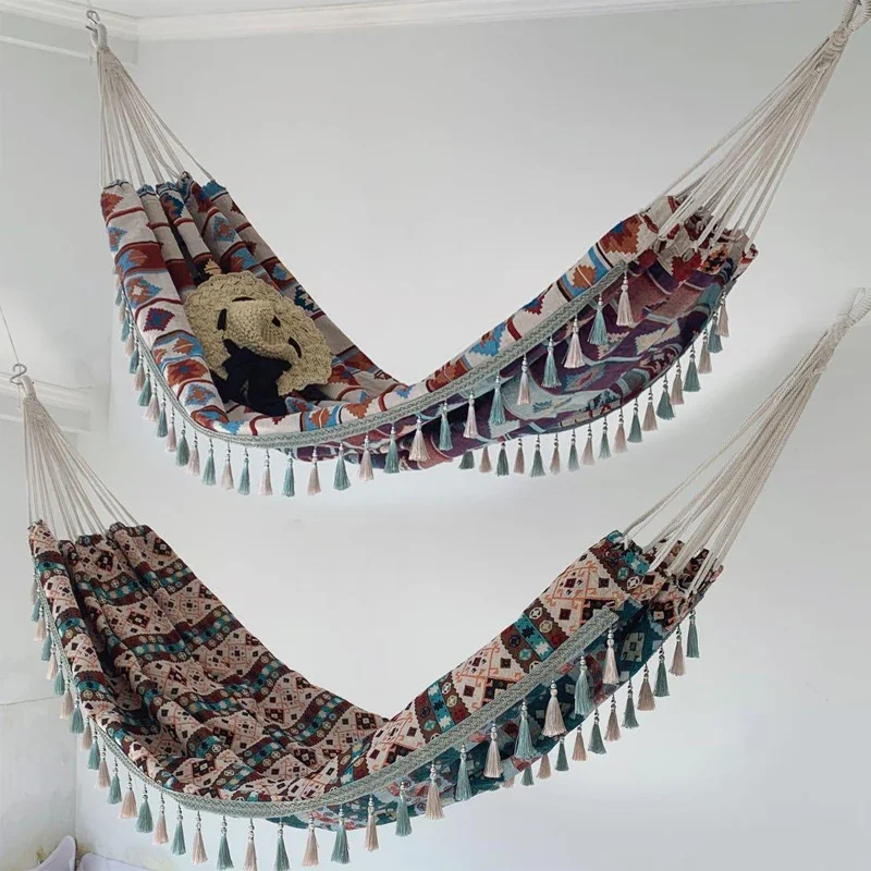 Outdoor hammock color printing double anti-rollover camping courtyard indoor homestay photo net red swing with tassel