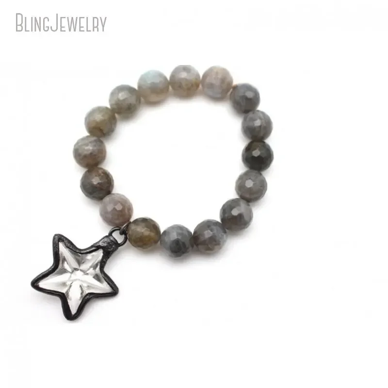 

10pcs Gunnmetal Star Charm Bracelet Cream Riverstone Onyx Labradorite Stone Bead Stacking Bracelet Women Jewelry