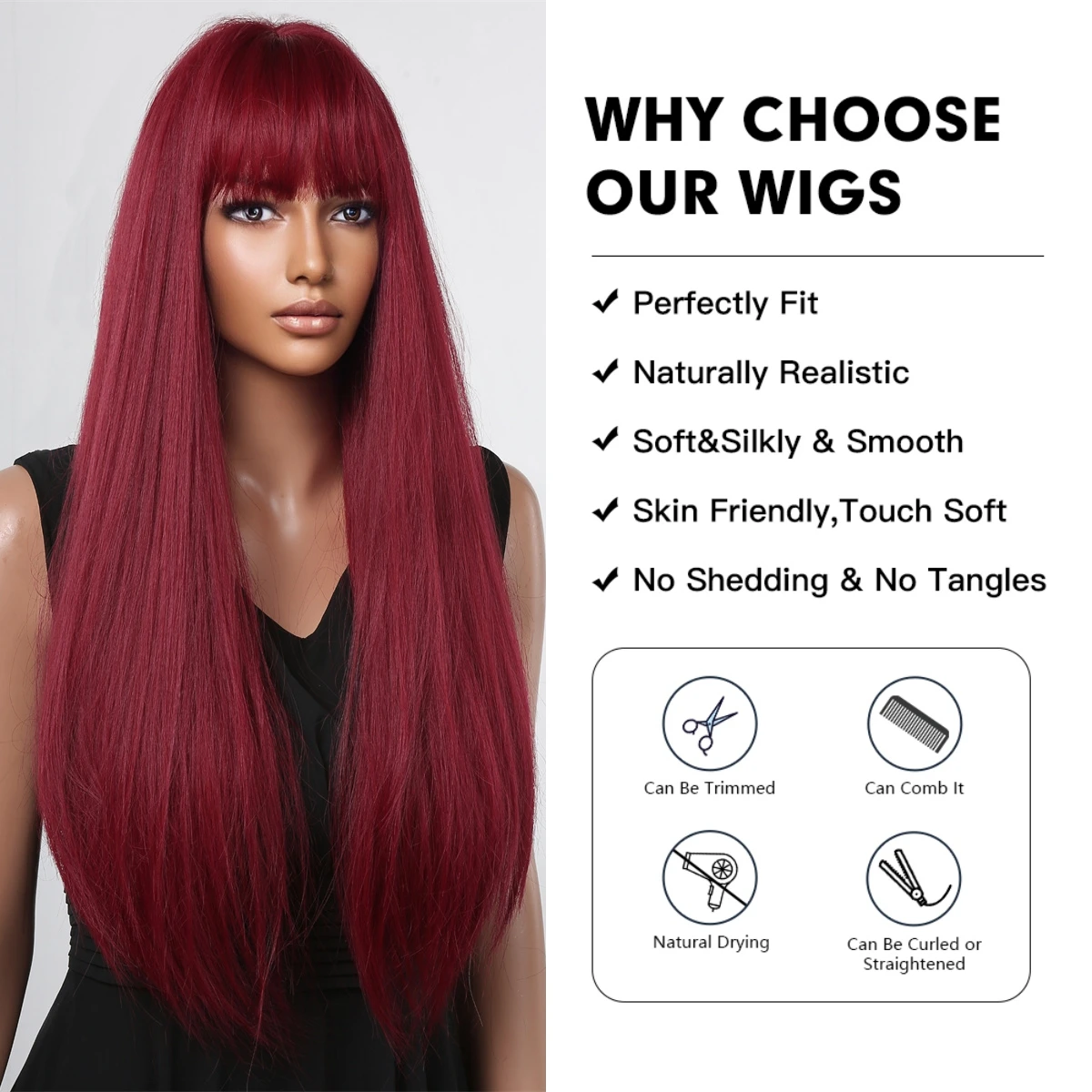 Burgundy Red Synthetic Wig Long Straight Cosplay&party Wig Women Daily Wear Heat-Resistant Wigs Synthetic Hair with Bangs