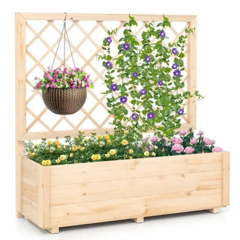 Bac à légumes surélevé avec treillis en bois - Structure en bois massif naturel et stable, design surélevé pour éviter l'humidité du sol, idéal pour cultiver diverses plantes en extérieur.