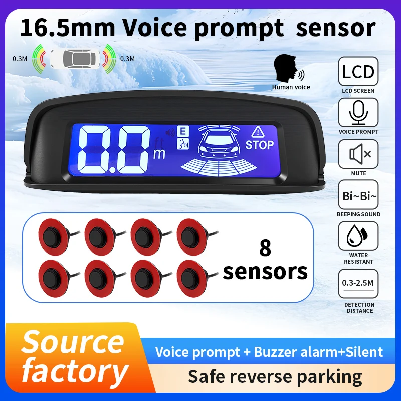 Car Reverse Parking Radar Sensor with Voice Prompt & Buzzer Alarm,16.5mm 8 Sensors ,0.3-2.5M Detection Distance, Water Resistant