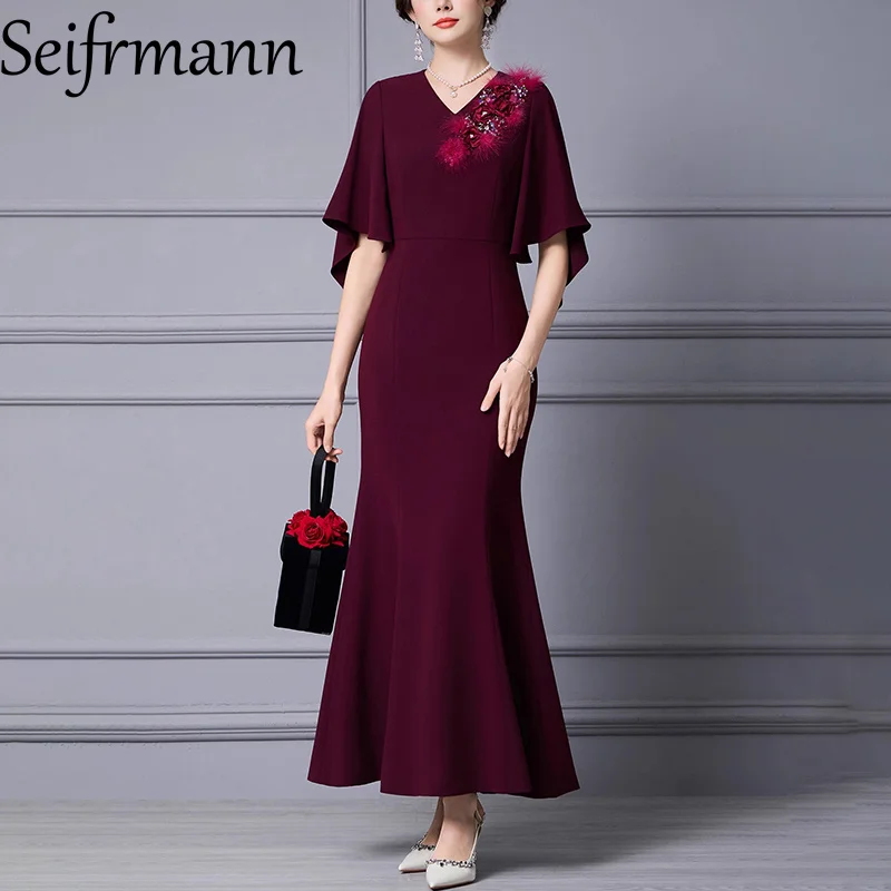 Seifrmann – robe queue de poisson pour femmes, nouvelle mode, col en v, manches à sept points, tempérament scintillant, taille, printemps 2026