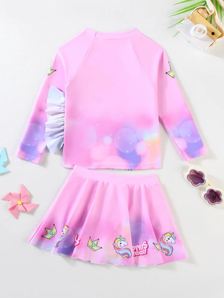 Girls Kids Swimsuit 2026 New Pink Cartoon Long Sleeves Children Swimwear Summer Two Piece Short Skirt Beach Wear Bathing Suits