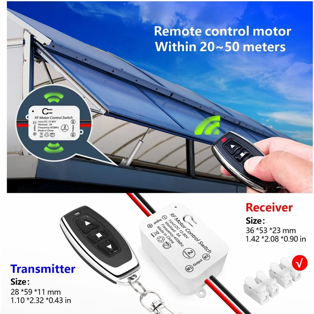 A73T DC Motor Remote Control Switch, DC 12V-80V 5A Relay Receiver Controller, Radio Control Motor Move Forward and Reverse