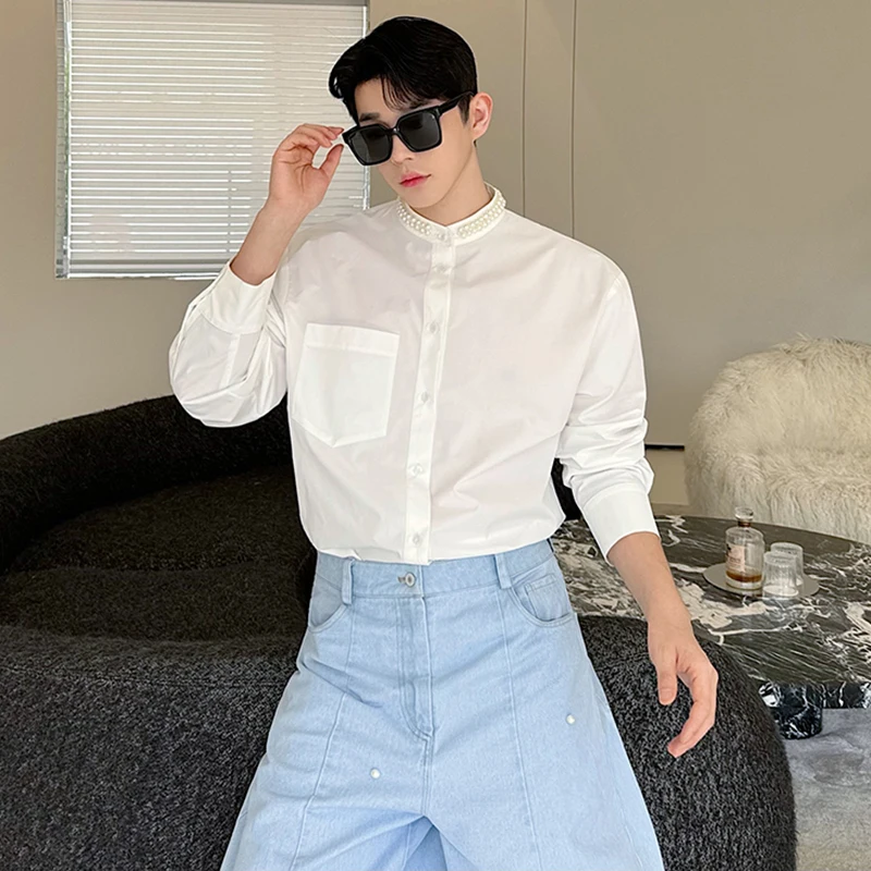 LUZHEN Pearl Decorate Splicing Design Plain Korean Long Sleeve Shirts 2024 Original New Men Stylish Handsome Street Tops LZ6904