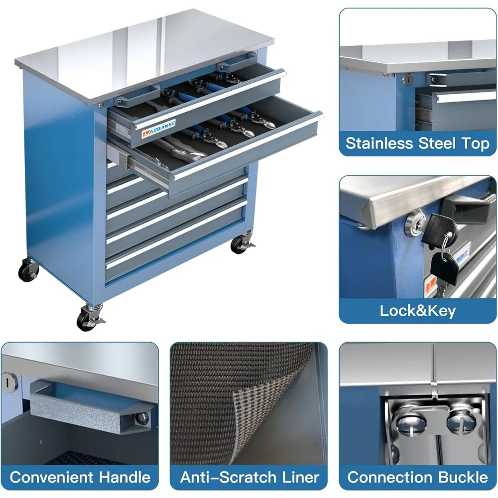Portable 7-Drawer Steel Tool Storage Cabinet with Lockable System and Swivel Wheels