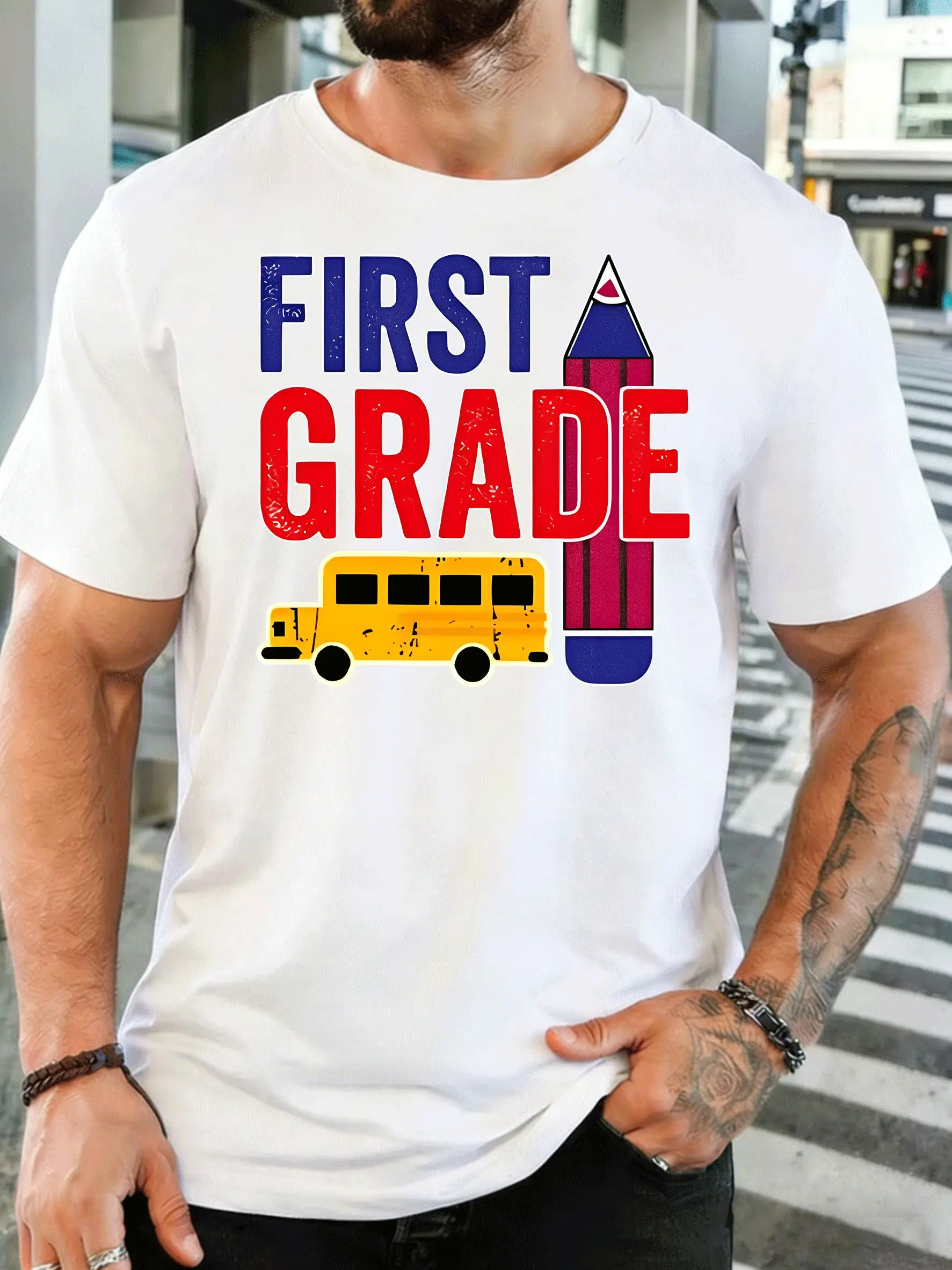 First Grade School Bus Pencil Graphic Mens Front Print T Shirt Back To School Tee Casual Short Sleeve Top Teacher Student Gift