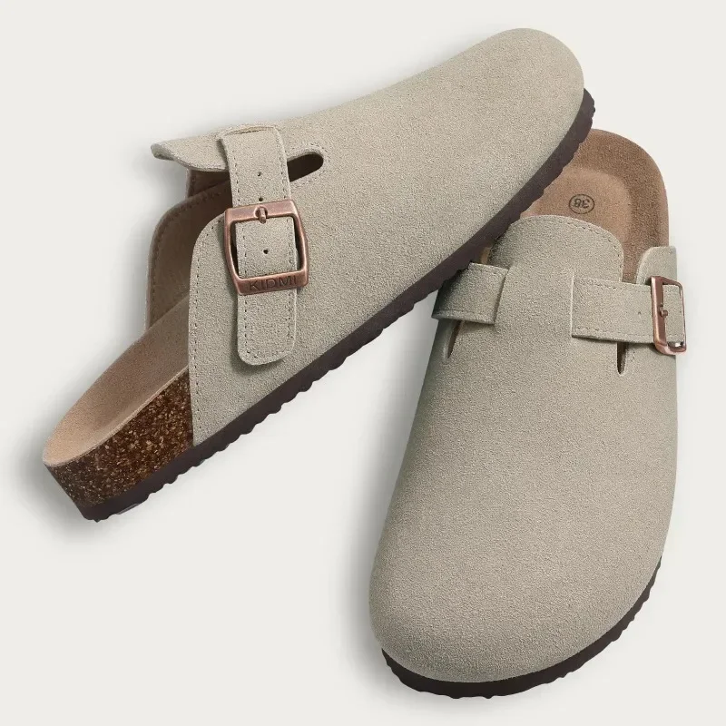 Comwarm Fashion Women's Suede Mules Slippers Men Clogs Cork Insole Sandals with Arch Support Outdoor Beach Slides Home Shoes