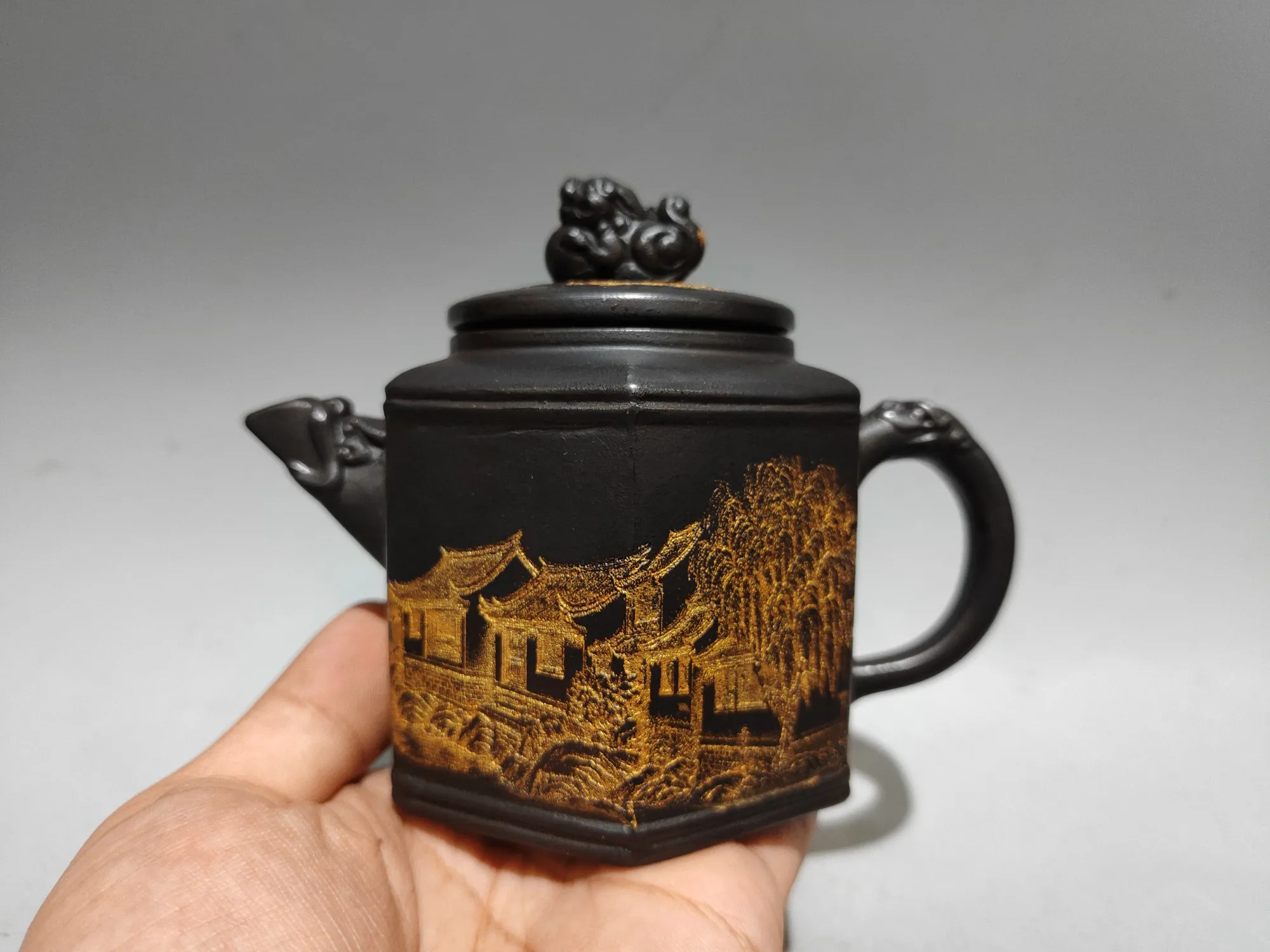 Old Chinese Handicraft Enameled YiXing Zisha (red stoneware) Teapot,scenery,#01,with mark, Free shipping