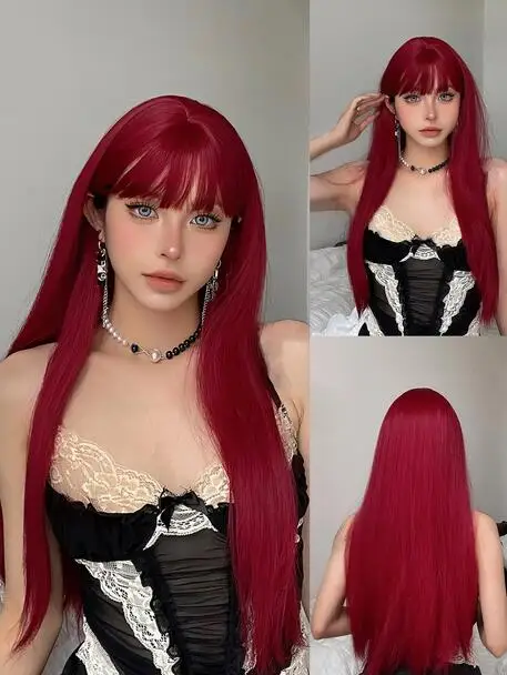 Wig lurus merah anggur panjang untuk wanita Wig rambut sintetis dengan poni Wig tahan panas Cosplay alami pesta harian