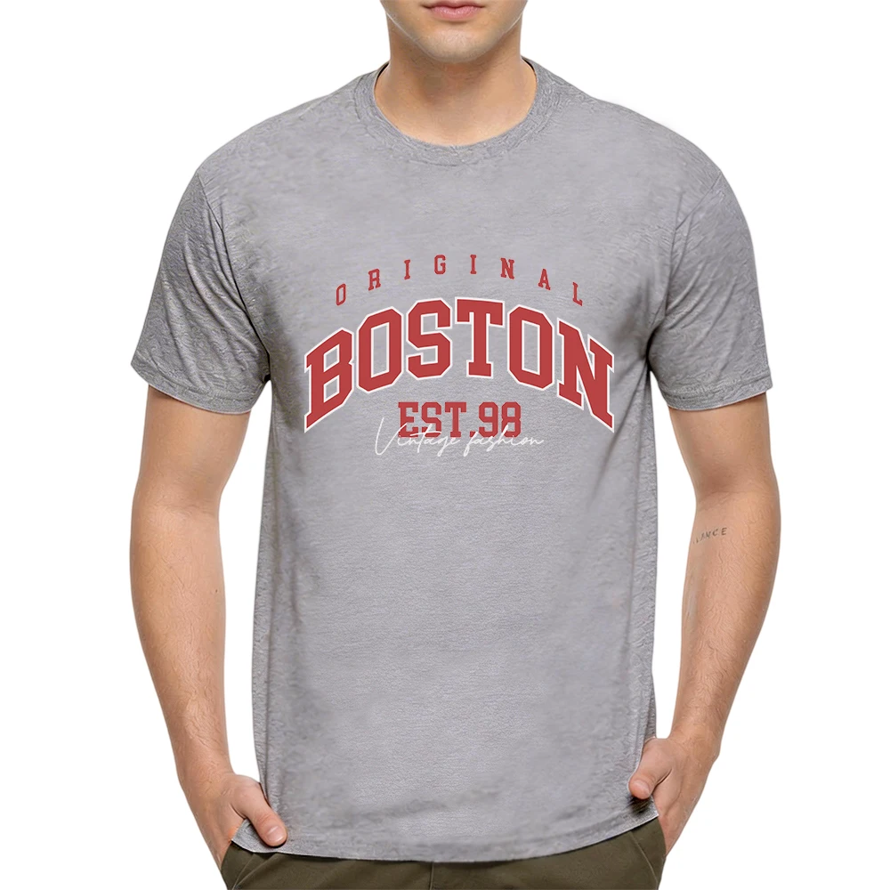 Mens 100% Cotton T Shirt Original Boston EST 98 Vintage Varsity Letter Print Breathable Short Sleeve Casual Daily Tee