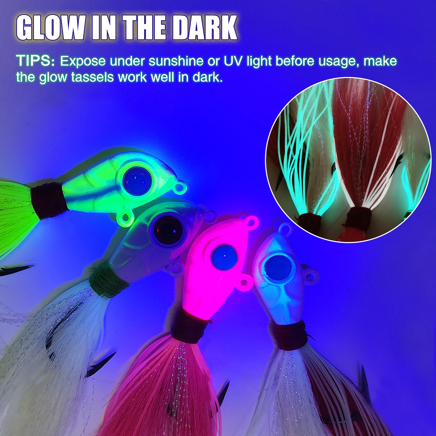 Aventik Glow Bucktail Jigs Kopf 3D Augen Köder mit UV Silikon Rock Jigging Köder 14g 21g 28g 42g Bass Jig Angeln Bucktail Jig – Detail 3