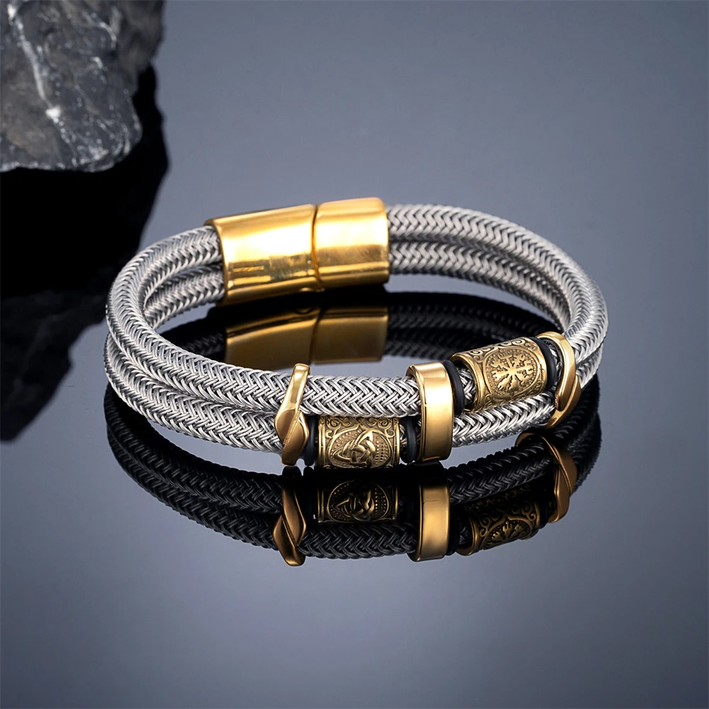 Vikings Runes Double-Layer Unfading Wire Rope Bracelets Men Norse Gold Color Stainless Steel Wristband Luxu Male_maomaolike.com