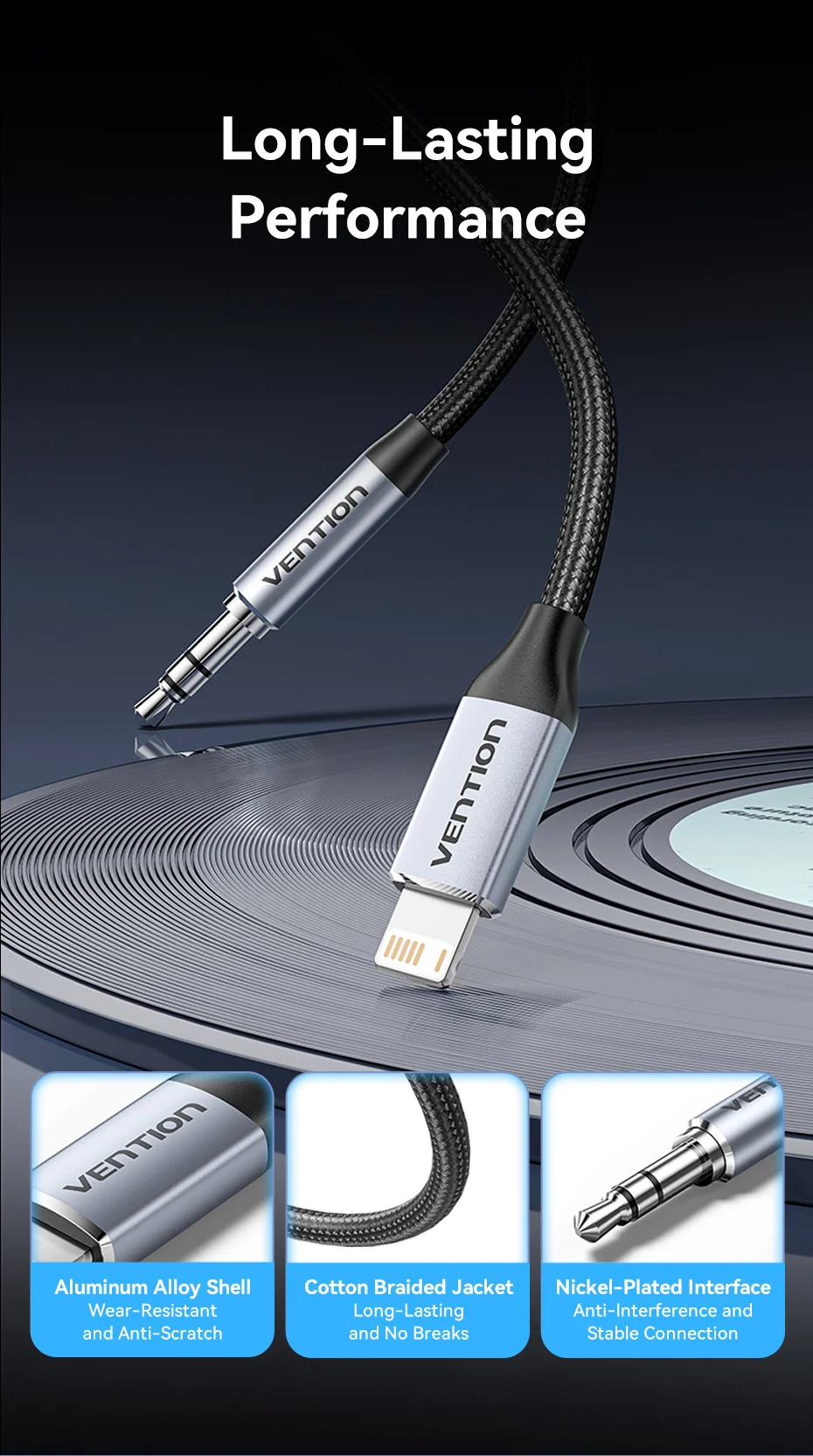 Vention Audio-Adapter für Lightning auf 3,5 mm Kopfhörer-Adapter, DAC-Audio-Musikkabel für iPhone 14, 12 Pro Max, Xr, Aux-Kabel, Telefon – Detail 11