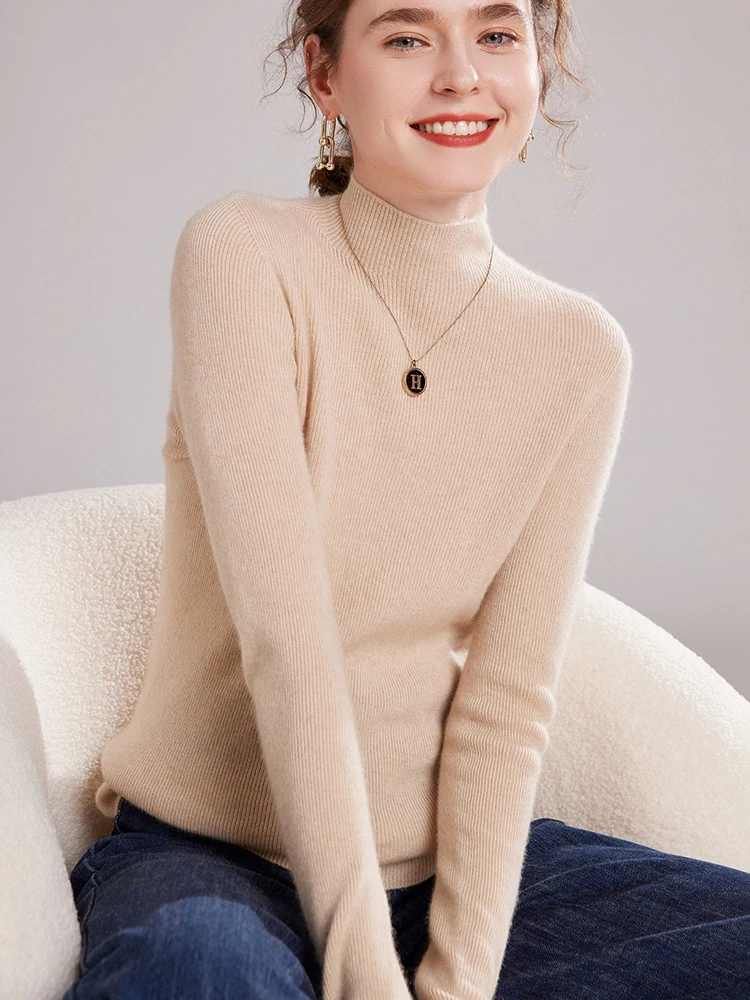 

Свитер из 100% чистого кашемира, женский вязаный пуловер с полувысоким воротником, облегающий и утягивающий базовый стильный базовый свитер, универсальные топы