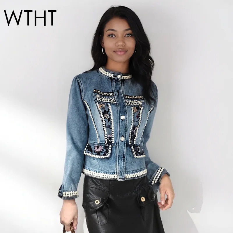 

WTHT New Fashion Women's Heavy Industry Pearl Sequins Denim Jacket 2025 Autumn Trendy Strand Collar Coat Female 1LS2228