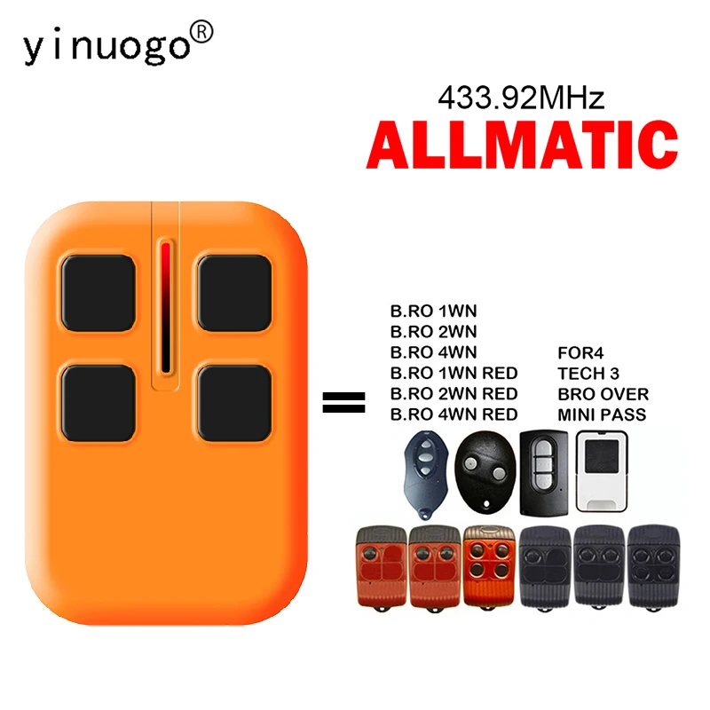 

ALLMATIC B.RO 2WN 1WN 4WN RED FOR4 TECH 3 BRO OVER MINI PASS Garage Door Opener Remote Control 433.92MHz