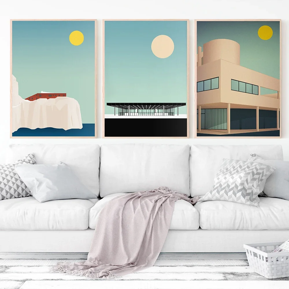 1pc frameless Modern Minimalist Wall Art, Barcelona Pavilion Architecture Graphic, HD Canvas Print Poster, Home Living Room B