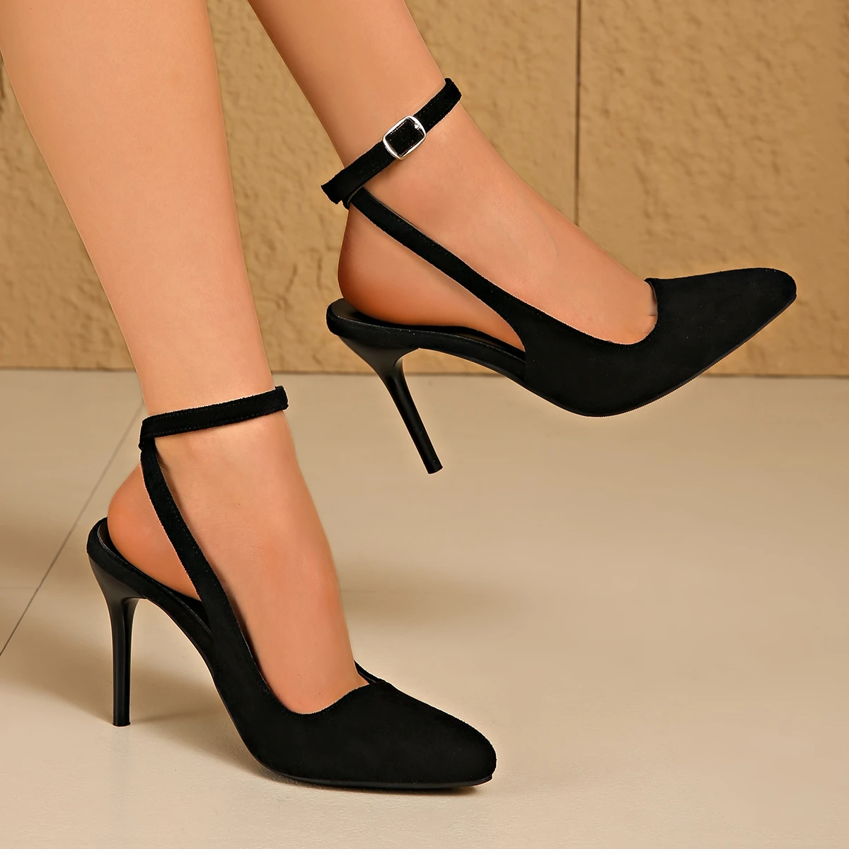 Women's Summer Black Suede Elegant Banquet High-heeled Sandals 2026 New High-quality Buckle Design Baotou Sandals Plus Size