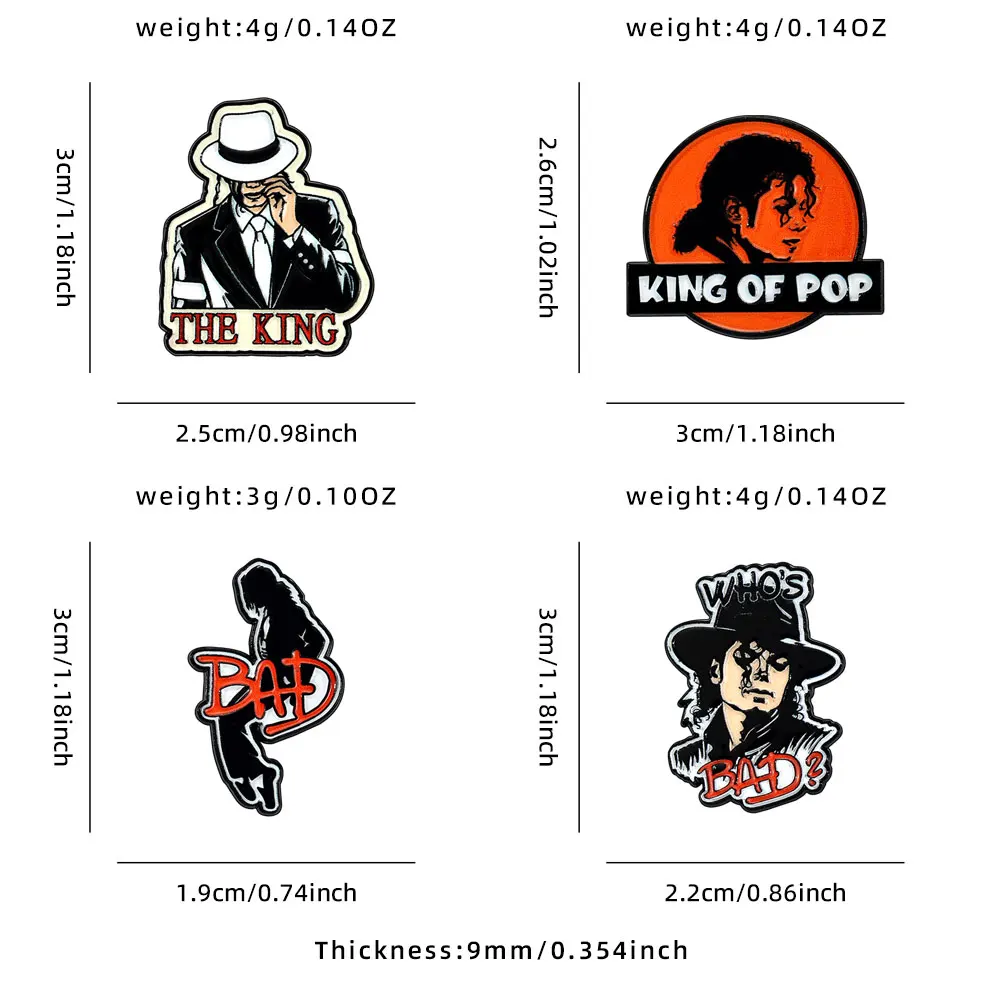 4-teiliges King of Pop Emaille-Pin-Set, Rock-Pop-Musik-Sänger Sammlerabzeichen für Jacken, Taschen, Hüte, Accessoires, Geschenk für Fans – Detail 1