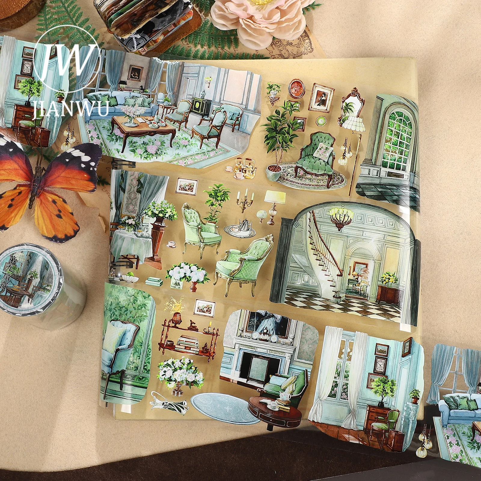 JIANWU 70mm*5m Vintage Plant Life Sofa Window Landscape Material Collage Scrapbooking PET Tape Creative DIY Journal Stationery