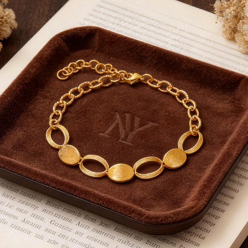 Layerable & Stylish Oval Brushed Bracelet For Women 24K Gold AU999 | Multi-layer match, fashionable and eye-catching