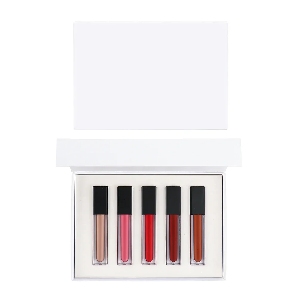 Private Label 5pcs/kit Lipgloss Custom Logo Long-lasting Matte Glossy Non-stick Cup Black Lid Square Tube Makeup Wholesale