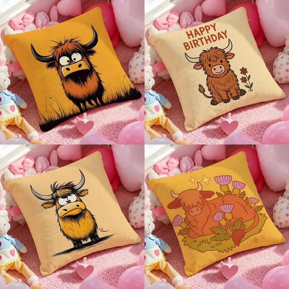 Animal Highland Cow Cushion Cover Pink Linen Textured Double Sided Cushion Cover with Invisible Zipper for Home Decor