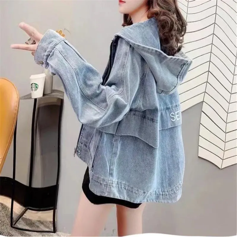 Korean Fashion Streetwear Hooded Sweatshirts Casual Patchwork Pocket Denim Long Sleeve Zip Up Hoodie Jean Jacket for Women Cloth