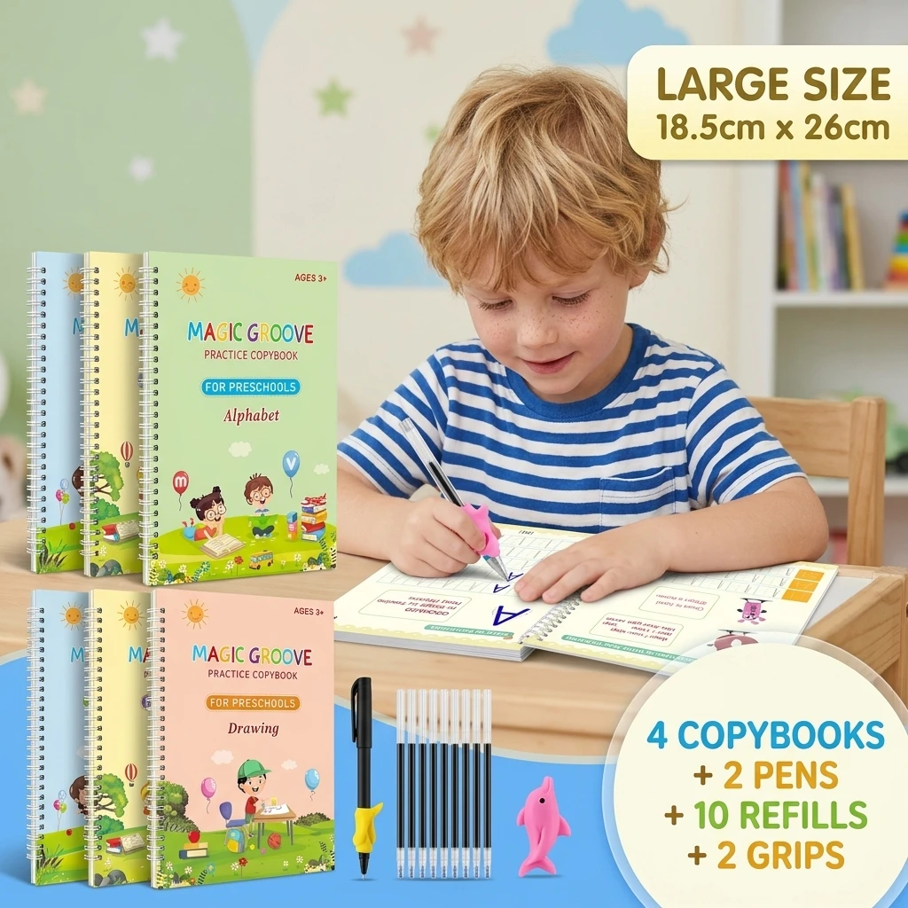 4PCS Reusable Magic Practice Copybook Kids Grooves Calligraphy Handwriting Learning Preschool Tracing Book with Pen for Boy Girl