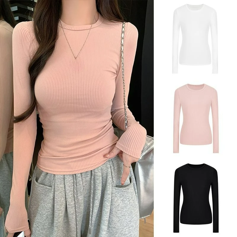 

Round Neck Vertical Long Sleeved T-shirt Slim Fit and Thickened Slim Waist Base Shirts