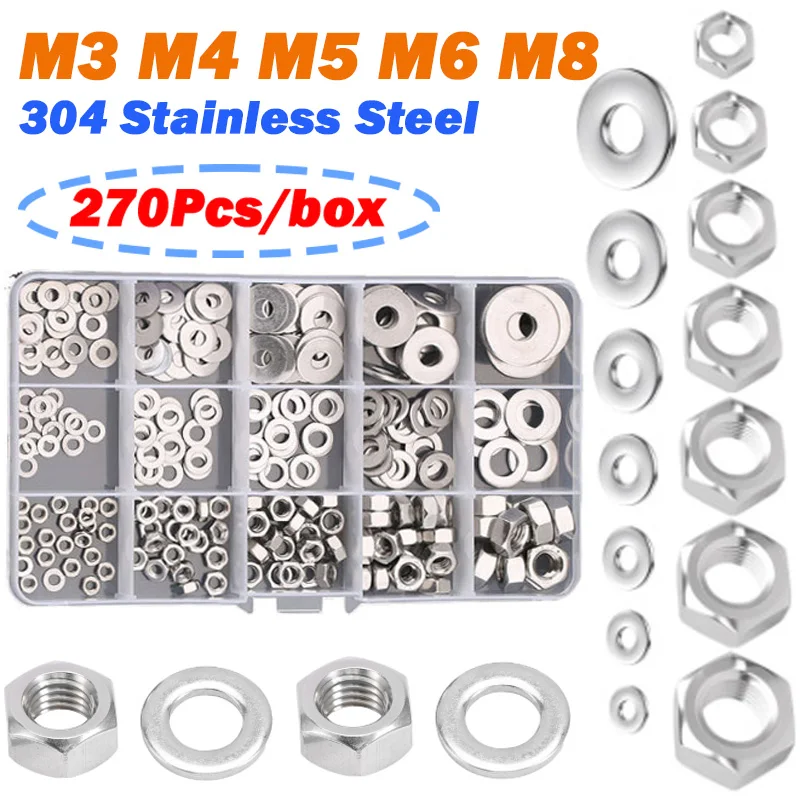 

Набор шестигранных гаек с плоскими шайбами M3 M4 M5 M6 M8 из нержавеющей стали 304, 1 коробка