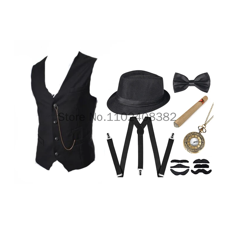 Adult Costume Accessories Set Steampunk WaistCoat Gangster Vest Pocket Watch 1920s Men Gatsby Cosplay Beard Disfraces